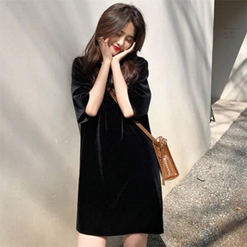 2020 New Summer Women Elegant Velvet Mini Dress Half Sleeve Autumn Korean Preppy style Dress Loose Solid Party Dress Vestidos