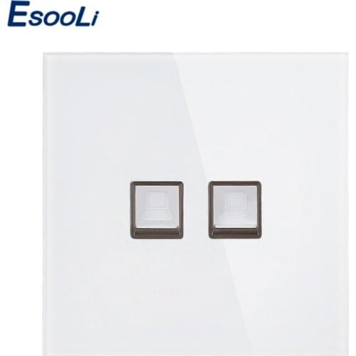 Esooli New Arrival White Luxury Crystal Tempered Glass Panel 2 Gang RJ45 Internet Jack Wall Data Double Socket Computer Outlet