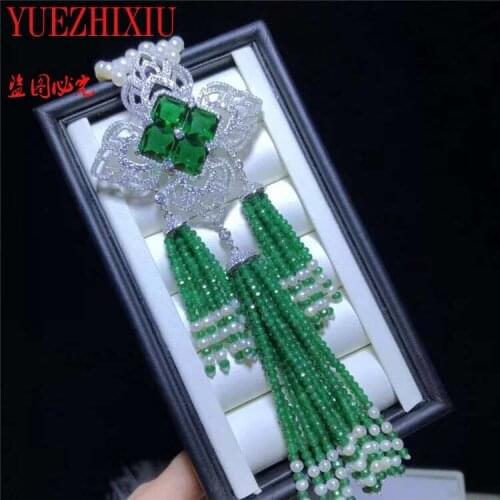 New 7-8mm white freshwater pearl 4mm green jade micro inlay zircon tassel flower accessories necklace long 17-19inch