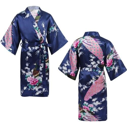 Oyolan Wholesale Child Satin Kimono Robes for Girls Kids Floral Sleepwear Peacock Flower Robe for Spa Wedding Birthday Nightgown