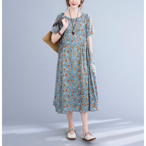 Cotton Linen Dress Womens 2021 Summer Casual Cotton Silk O-Neck Tie Printed Ramie Mid-Length Summer Short-Sleeve Dresses Female