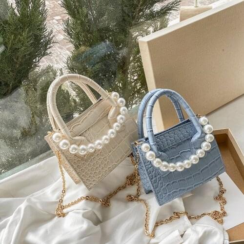 Retro Women Alligator Pattern Shoulder Bag Casual Pearl PU Messenger Handbags Purse Chain Rectangular Crossbody Handbag