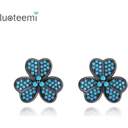 LUOTEEMI Blue Flower Stud Earrings for Women Girls Round Small Stone Cute Fashion Jewelry Dating Party Christmas Gifts Brincos