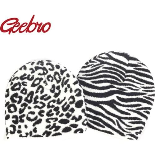 Geebro Women Winter Soft Fashion Warm Zebra Cow Leopard Printed Beanie Unisex Plaid Casual Knitted Skullies Hat Cap