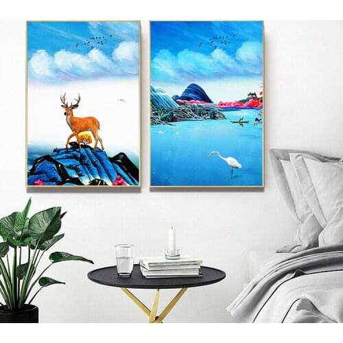 Nordic Creative Abstract Landscape Elk Flying Bird Decorative Painting Canvas Painting Wall Art Blue Background Home Decor