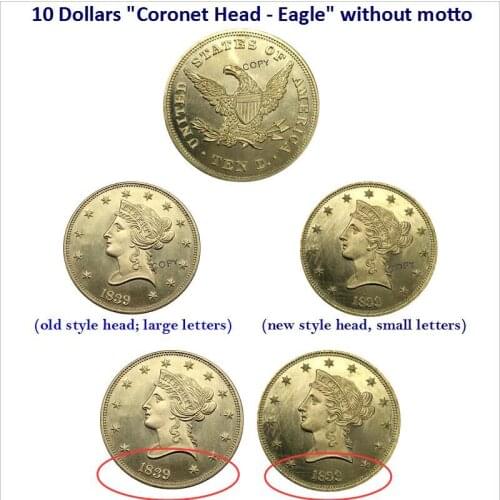 United States Of America 1839 Liberty 10 Dollars "Coronet Head - Eagle" without motto Brass gold Coin Copy coins