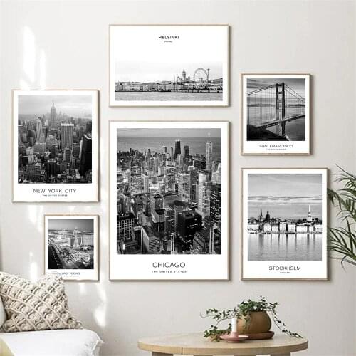 Modern World City Landscape Poster Paris London Canvas Painting New York Prints Black White Wall Art Pictures Living Room Decor