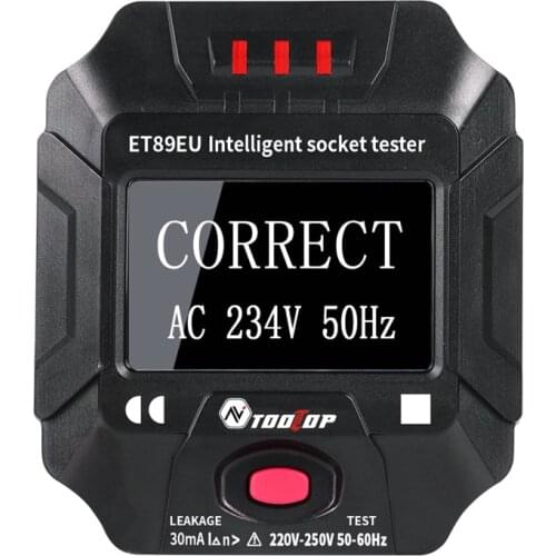 TOOLTOP ET89 Digital Display Socket Tester RCD Current Voltage Frequency Meter Ground Zero Line US EU Plug Polarity Phase Check