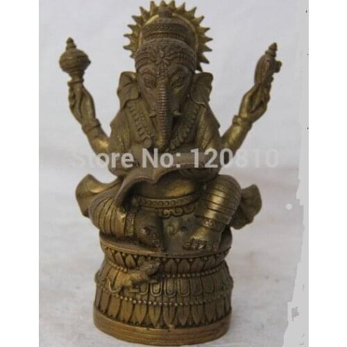 Tibet Buddhism Brass Four Hand Elephant Konk Jambhala Buddha Look Book Statue