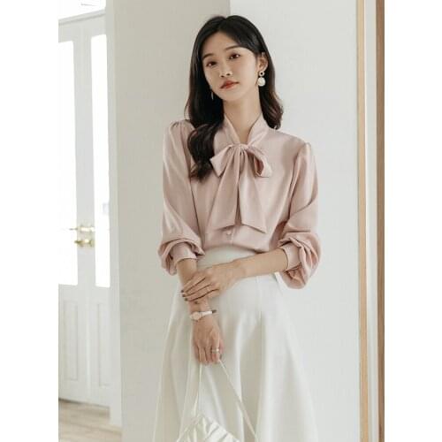 Korean Fashion White Shirt For Women Casual Summer 2021 Long Sleeve Bow Collar Office Lady Chiffon Blouses And Tops Pink