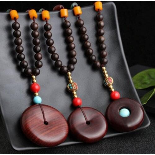 Retro Sweater Chain Vintage Pendant Necklace Blood Tan Peace Pin Pendant Wood Accessories for Women Men