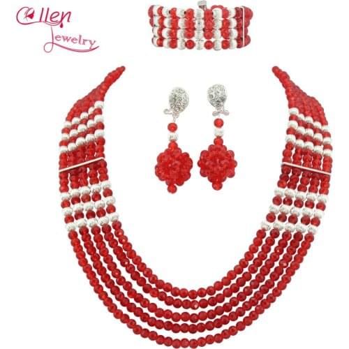 Nigerian wedding african beads red jewelry sets for brides Crystal Necklace Bracelet Earrings cheap fashion jewelry sets HDW05