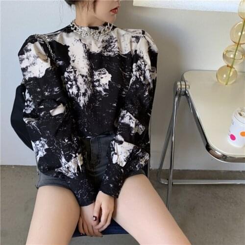 Women Ink Print Tops Shirt Loose Retro Round Neck Long Sleeve Top Autumn Spring Casual Shirt