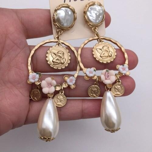 Vintage flower Simulated pearl pendant drop earring for women brincos