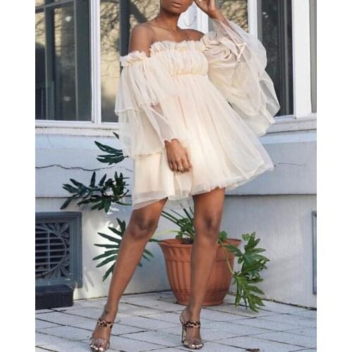 Sexy Off Shoulder Ruffle Loose Beach Dress Women Casual Slash Neck Ladies Mini Dress Elegant Sheer Long Sleeve Mesh Party Dress