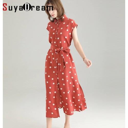 SuyaDream Woman Silk Maxi Dress 100%Silk Crepe Polka Dots Sashes Shirt Dress 2021 Red Long Summer Dresses