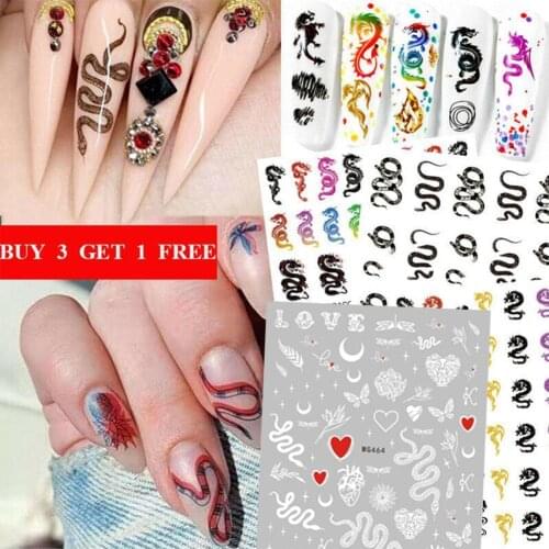 6pcs Nail Sticker 3D Snake Dragon Butterfly Black Multicolor Decals Nail Art Tattoo Slider Water Transfer Letter Nails Art Decor