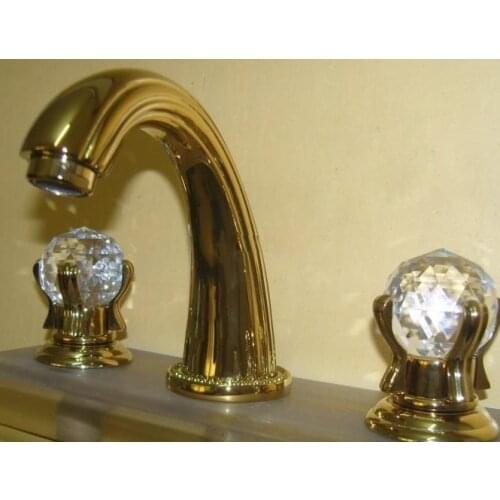 Free ship Gold PVD 8 inch widespread 3 Holes bathroom Lavatory Sink faucet Crystal handles tap