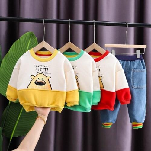Children Suit 2020 New Autumn Winter Baby Boys Girls Clothing Cute Bear Plus Velvet Round Neck Pullover Sweater Long Sleeve Suit