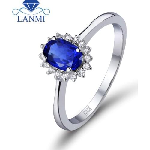 Engagement Ring Oval Blue Sapphire 6X7mm Genuine Blue Sapphire18K White Gold Diamond Solitaire Ring WU222