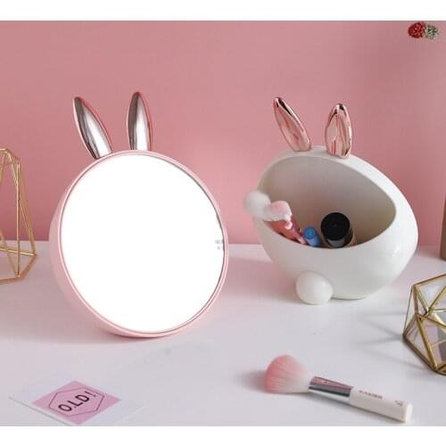 CSHOU249 Round Makeup Mirror with Cosmetic Storage Box Creativity Cute Rabbit Ear Design Make Up Standing Mirror