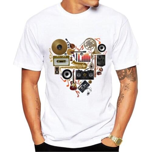 Fashion Vintage musical instrument T-Shirt Mens Hipster Music in Love Print T Shirt Summer Male Short Sleeve Basic Tops Tee