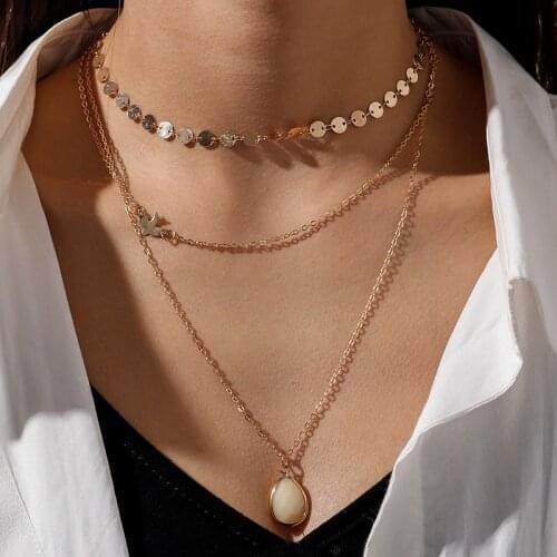 Fashion Acrylic Water Drop Pendant Necklaces for Women Multi- Layer Bird Sequins Chain Necklace Female Jewelry Accessories