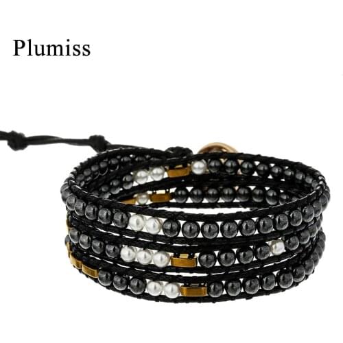Plumiss Gunmetal Hematite Wrap Bracelet for Women Freshwater Pearl Gold Color Copper Accessories Beaded Bracelet Jewellery Gift