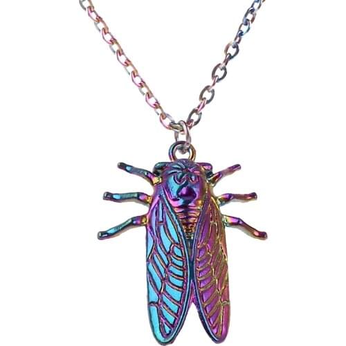Rainbow Animal Cicada Pendant Necklace Collar 50cm Steel Chain Women Girl Party Gifts 23604