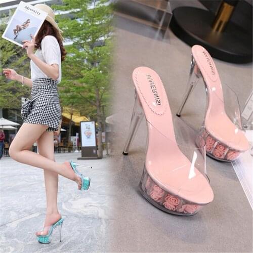 Colorful Woman Crystal Flowers Platform Sandals Nightclub Stripper 15cm High heel Slippers Sexy Model Catwalk Peep toe Stilettos