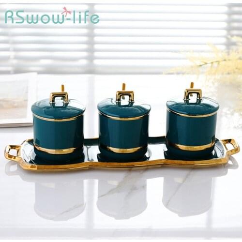 Light Luxury Emerald Ceramic Pots Seasoning Pot 4pcs Flower And Fruit Tea Pot Spice Jar Sugar Jar For Kitchen Supplies