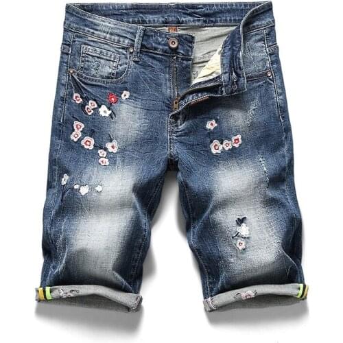 Mens Embroidery Applique Flower Short Jeans Brand Clothing Bermuda Summer 98% Cotton Shorts Breathable Retro Male Denim Shorts