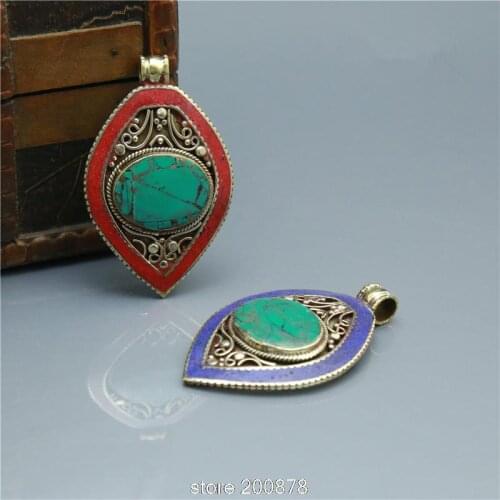 TBP087 Nepal Big Leaf Copper Inlaid Stone Pendant Handmade Vintage Jewelry