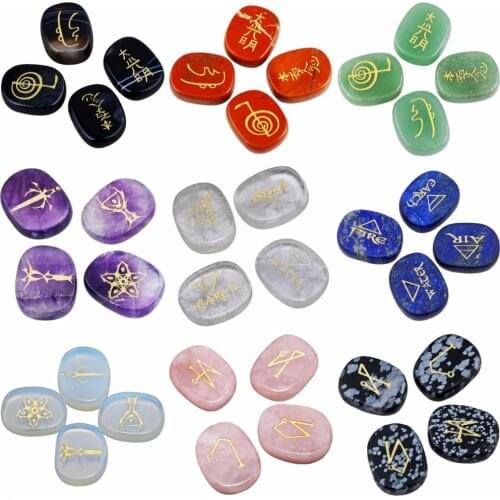 TUMBEELLUWA 4Pc/Set Healing Reiki Crystal Engraved Usui/Triangle/Angel/Tarot Symbols Oval Palm Stone Worry Stone