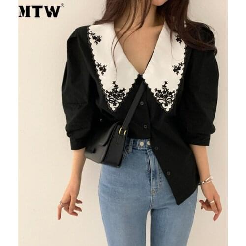 Korean Chic Retro Design Lapel Plus Size Women Blouse Ladies Casual Embroidery Hit Color Single-breasted Loose Puff Sleeve Shirt