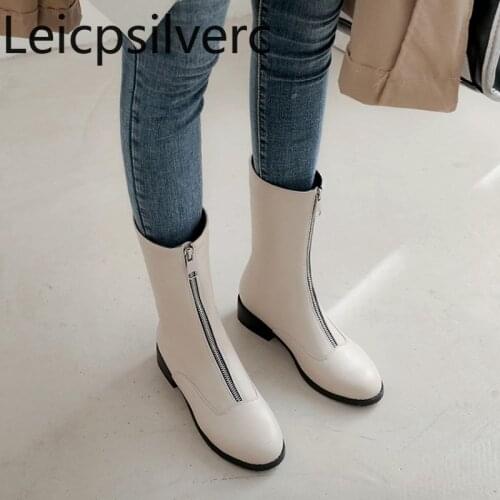 Womens Boots Autumn And Winter New fashion Round head zipper Thick heel Low-heeled Middle tube Womens shoes plus size 32-46