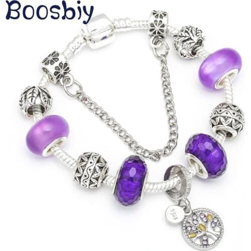 Boosbiy Silver Color Charm Bracelet For Women With Purple Family Tree Pendants Fit Snake Chain Brand Beacelet Jewelry Gift