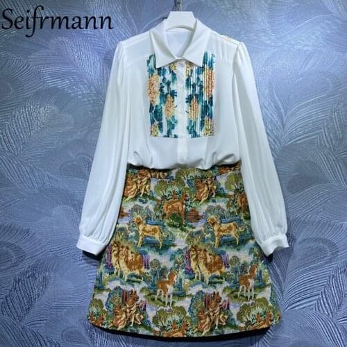 Seifrmann New 2021 Summer Women Fashion Designer Skirts Set Lantern Sleeve Loose Blouses + High Waist Vintage Print Skirts Suits
