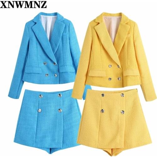 XNWMNZ Women Fashion Double Breasted Tweed Cropped Blazer Coat Suit Vintage Long Sleeve Flap Pocket Female Outerwear Chic Tops
