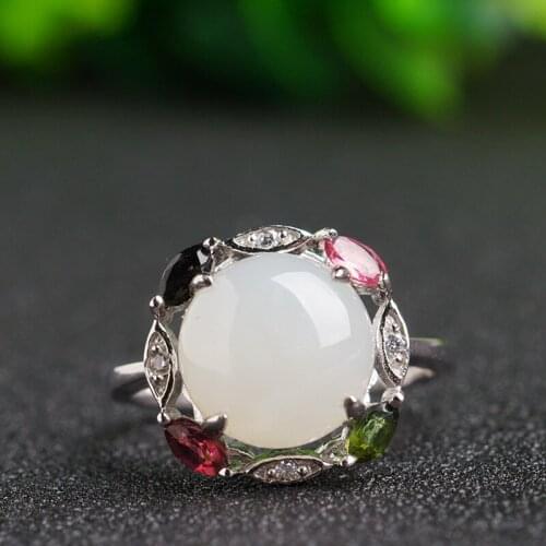100% 925 silver inlaid white jade retro ethnic style open female ring