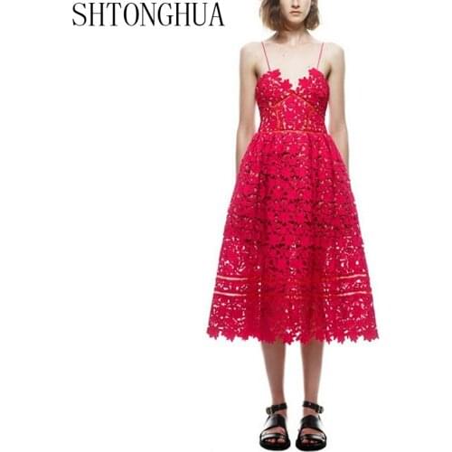 SHTONGHUA 2019 New Runway Spring self portrait Womens Sexy Spaghetti Strap Lace Mid-Calf Dresses Crochet V Neck Backless Dress