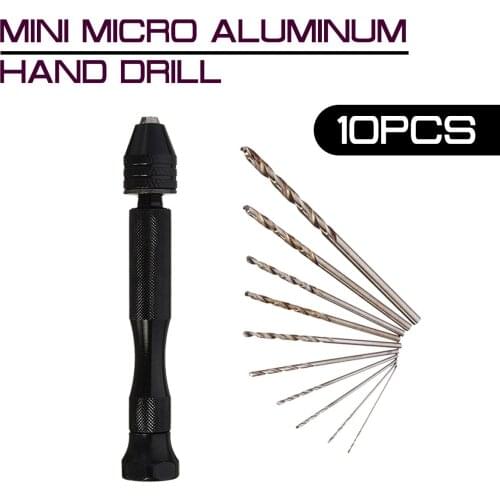 10pcs Twist Drill Bit With Keyless Chuck Aluminum Alloy Mini Micro Hand Drill Woodworking Drilling Rotary Tools
