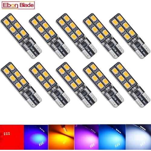 10Pcs T10 W5W LED Car Light 12SMD Canbus Interior Dome Map Side Bulb Lamp Amber Orange White Red 194 168 5w5 Auto Styling 12V