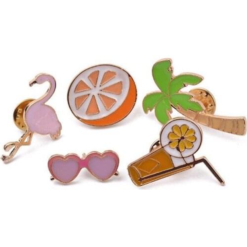 5Styles Vocation Enamel Pin Ostrich Coconut tree Orange Juice Heart glass brooch Denim Jeans shirt bag Gift for friends