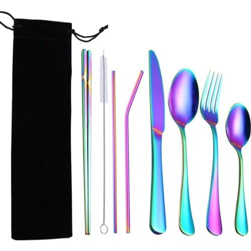 8PCS/Set Stainless Steel Rainbow Color Knife Fork Spoon With Collection Bag Tableware Flatware Set Cutlery Set