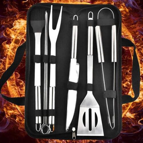 9pcs/Set Stainless Steel BBQ Tools Outdoor Barbecue Grill Utensils With Oxford Bags Stainless Steel Grill Clip Brush Knife Kit