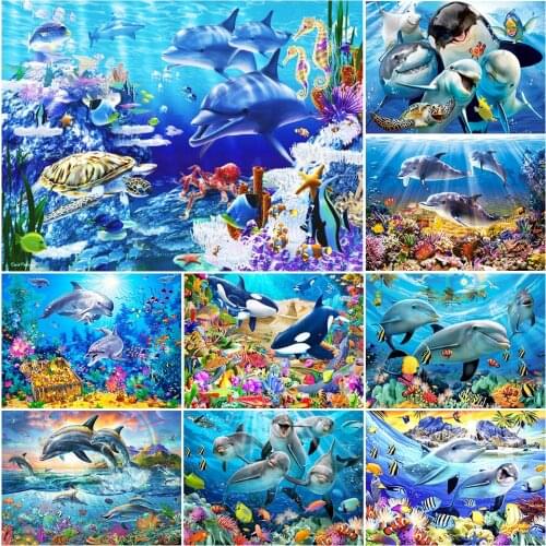 New 5D DIY Diamond Painting Dolphin Cross Stitch Kit Full Drill Mosaic Embroidery Picture of Rhinestones Handmade Hobby Gift