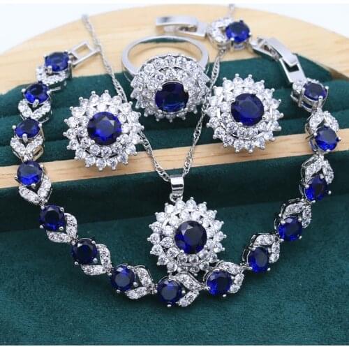 Exquisite Silver Jewelry Set for Women Blue Green Crystal Bracelet Earrings Necklace Ring Wedding Christmas Free Gift Box