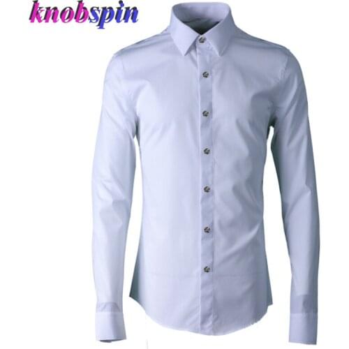Brand men Shirt Alloy Rose Button Decoration Full sleeve Solid Slim Casual Shirts Anti-Wrinkle Pure Cotton clothing male