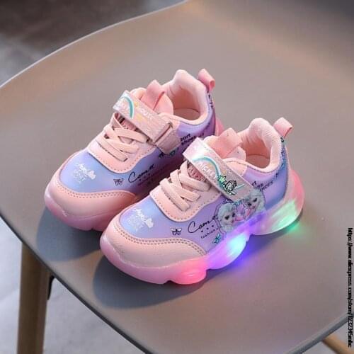 Disney Children Glowing Sneaker Fashion Frozen Elsa Girls shoes With Light Led Sport Kids Casual Shoes Light Up Shoes Size 21-30
